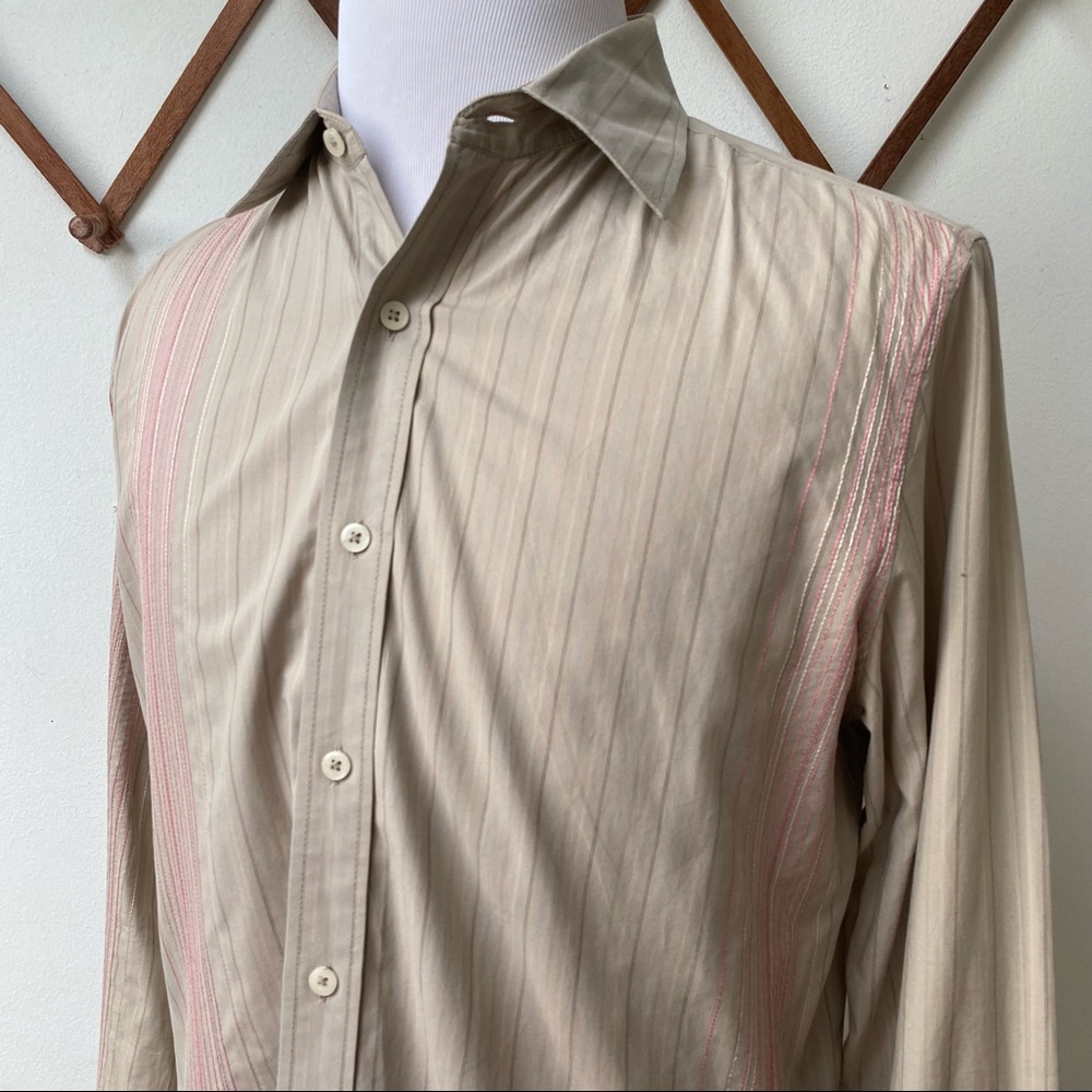 Club Monaco Embroidered Striped Tan Button Down Long Sleeve Men’s Dress Shirt